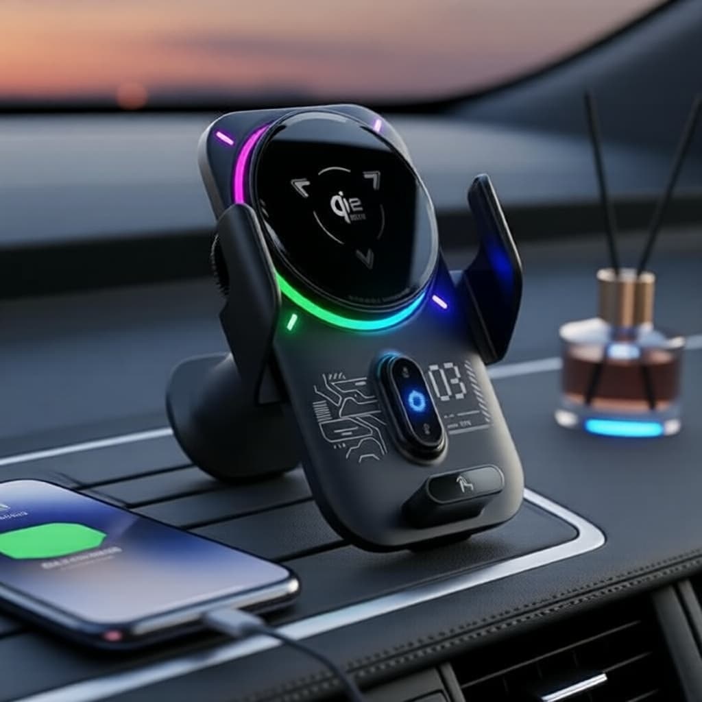 Suporte magnético para carro Qi2 2 em 1 com RGB e resfriamento por indução automática