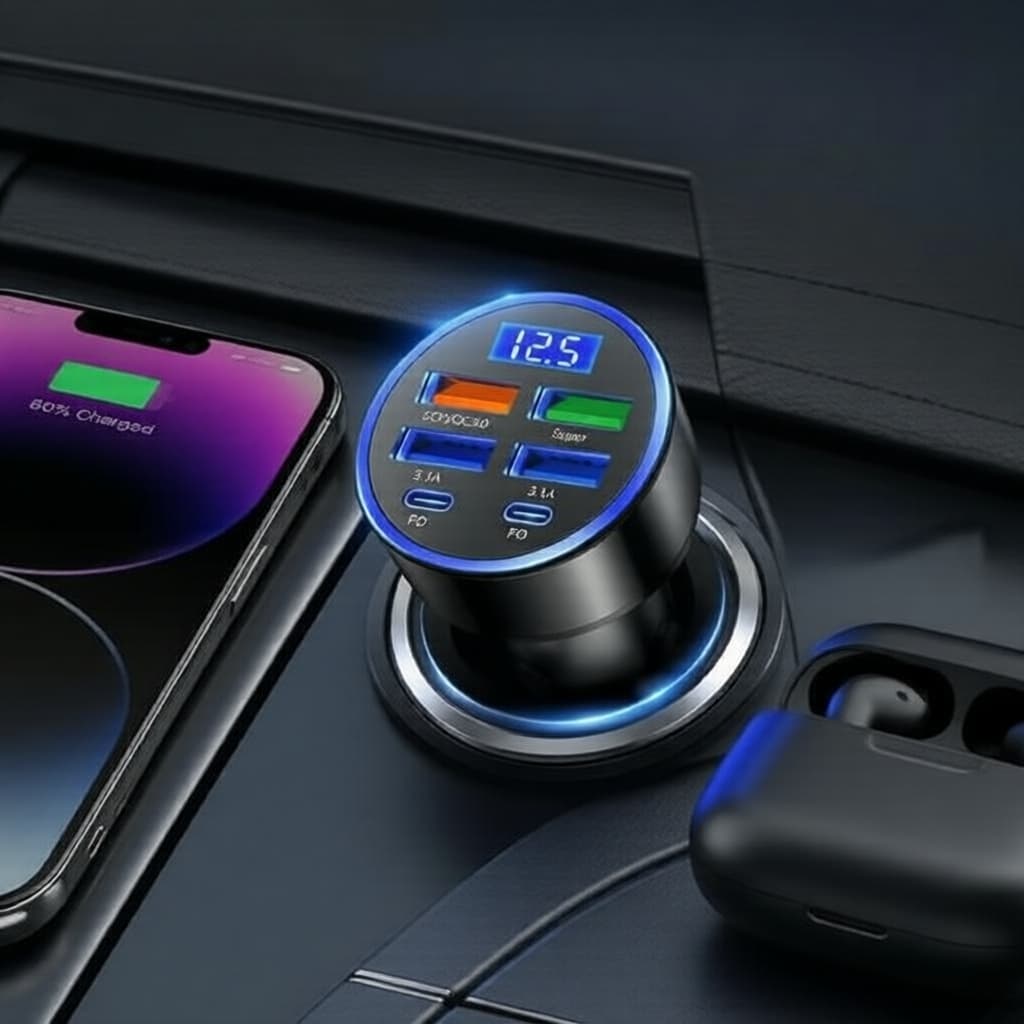 Carregador Veicular 5 Portas USB-C PD & QC 3.0 com Display Digital de Tensão para iPhone e Samsung