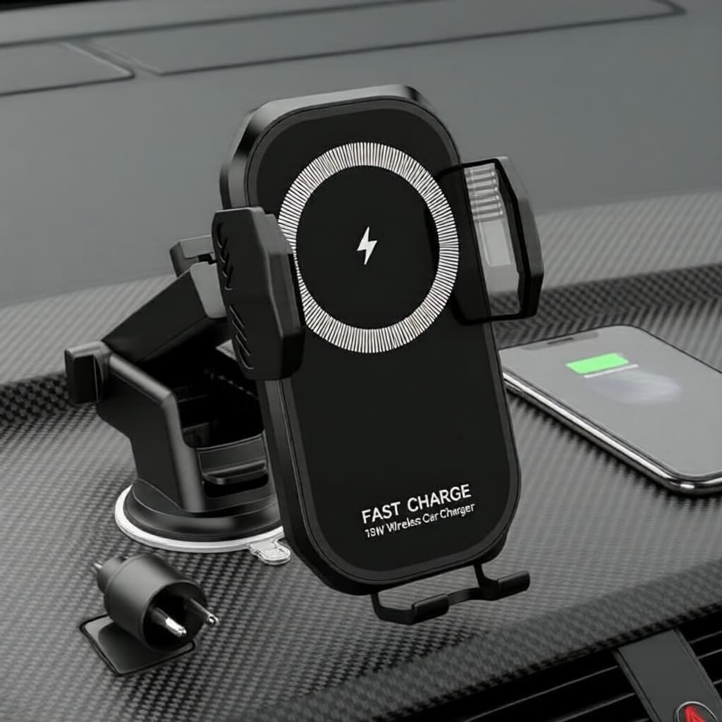 Carregador de Carro Sem Fio Rápido com Suporte Automático de Fixação para iPhone e Galaxy - Saída de Ar e Base de Sucção