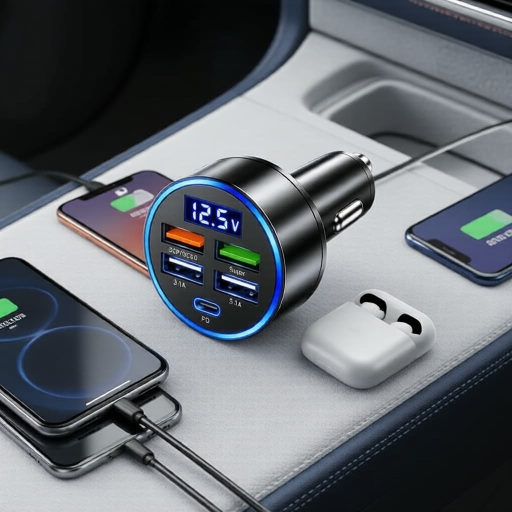 Carregador Veicular 5 Portas USB, QC3.0 PD USB-C Carga Rápida com Display LED, para Tomada Veicular 12-24V