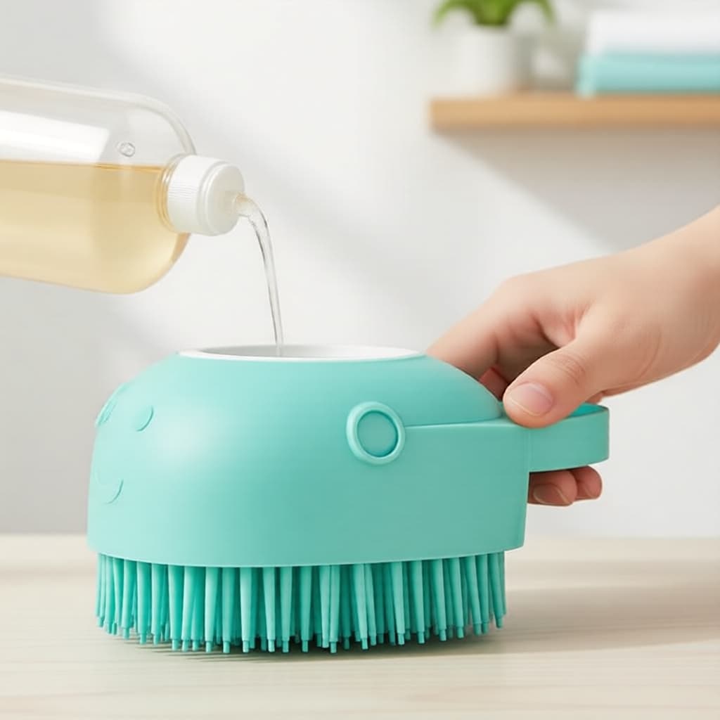 Escova de Silicone Macia para Shampoo de Pets, cães e gatos com dispenser integrado para massagem suave