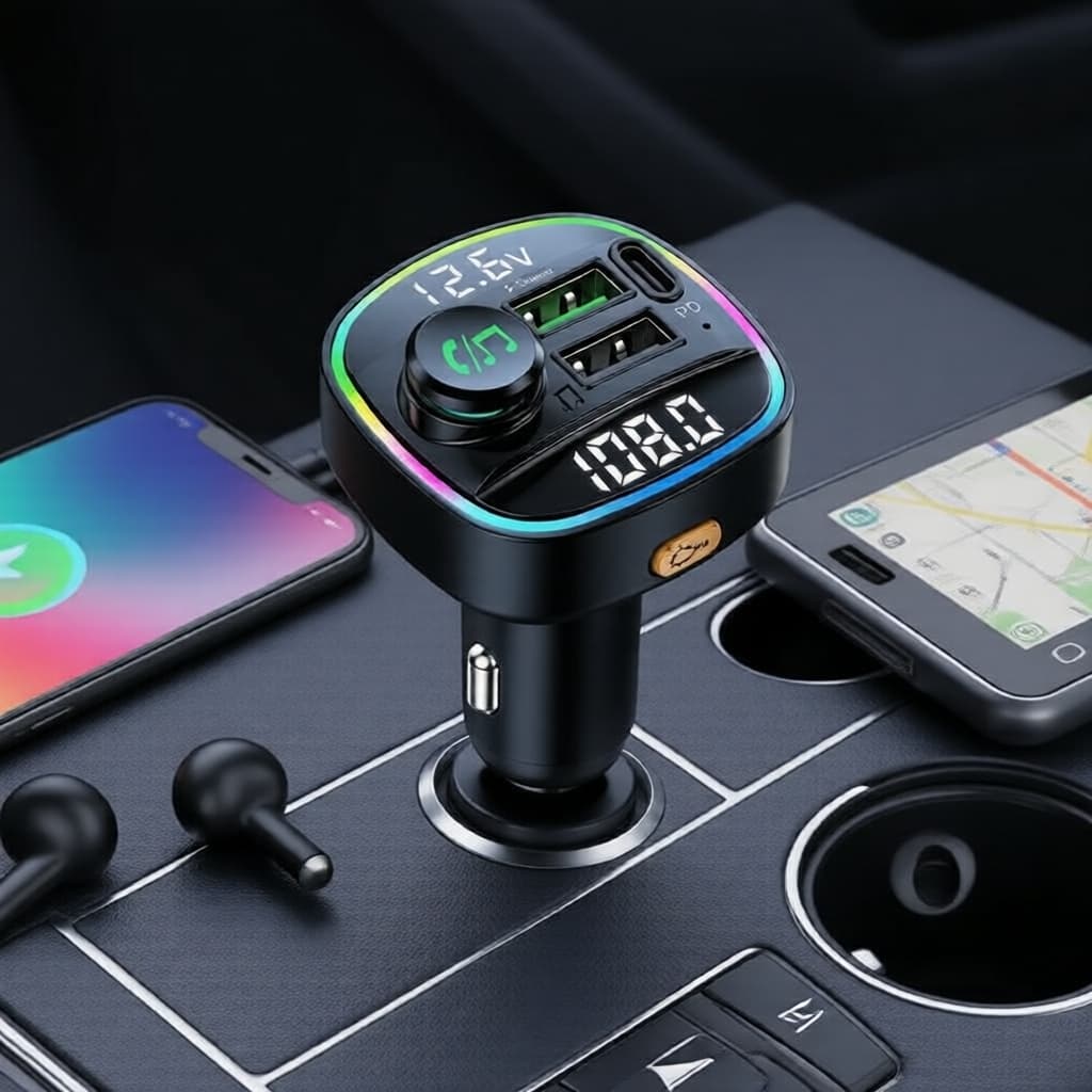 Transmissor FM Bluetooth 5.0 Carregador Veicular, Adaptador USB 3 Portas com Carga Rápida e Reforço de Graves