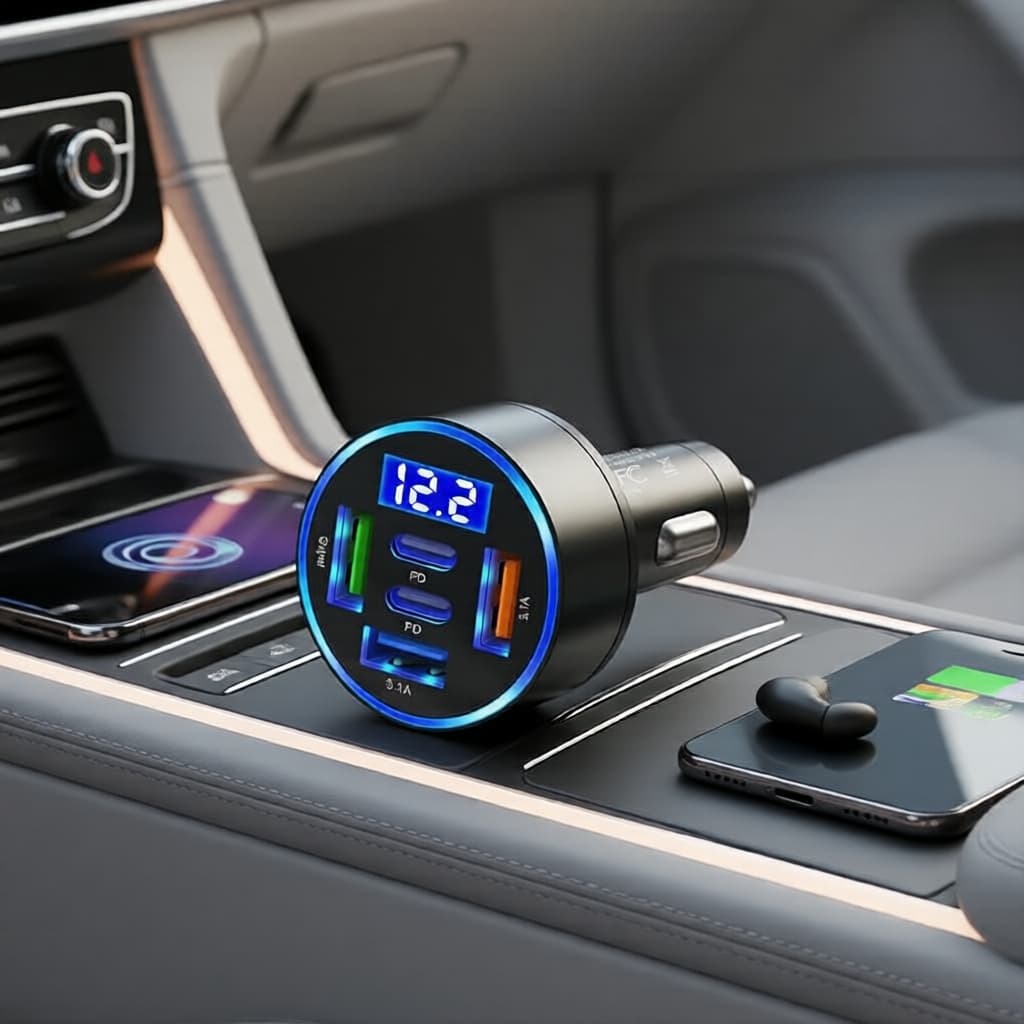 Carregador Veicular 6 em 1 100W com Voltímetro Integrado, Adaptador de Alta Velocidade para Eletrônicos Automotivos