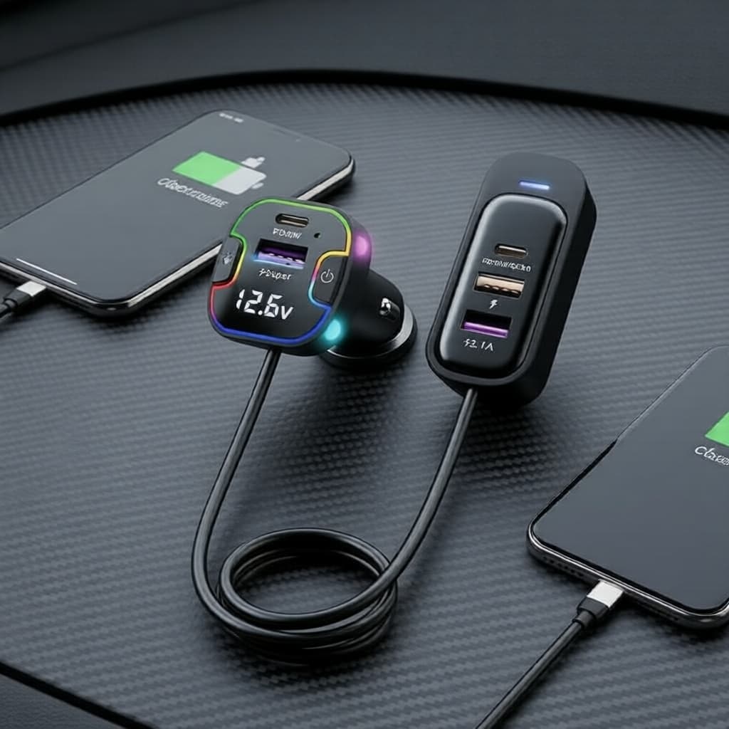 Carregador veicular USB de 6 portas 12-24V: 4 USB-A e 2 USB-C, saídas duplas dianteiras e traseiras