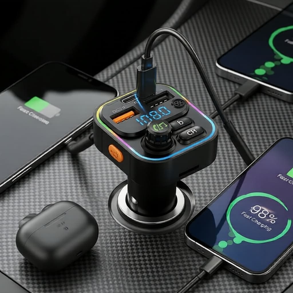 Transmissor FM Bluetooth 5.3 Modulador Auxiliar MP3 Player com PD20W QC3.0 Carregador Veicular 2025