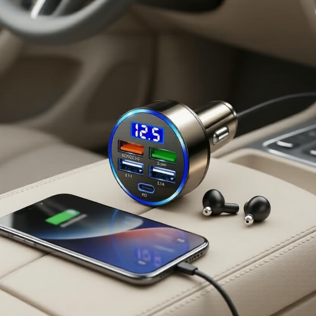 Carregador Veicular 12-24V Dual PD Carregamento Rápido com Visor de Tensão para iPhone e Android
