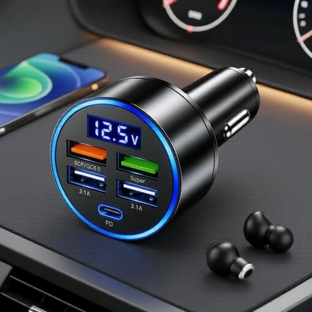Carregador veicular USB C com 4 portas, carregamento rápido PD QC 3.0, display digital de tensão, adaptador de 3,1A para