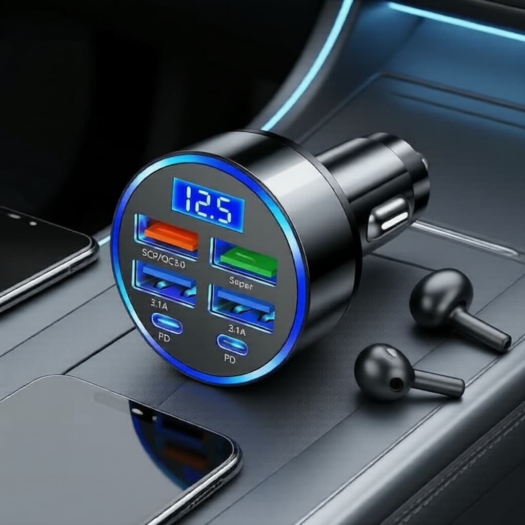 Adaptador de carregador veicular, USB Multi-Port PD QC3.0 com Display Digital
