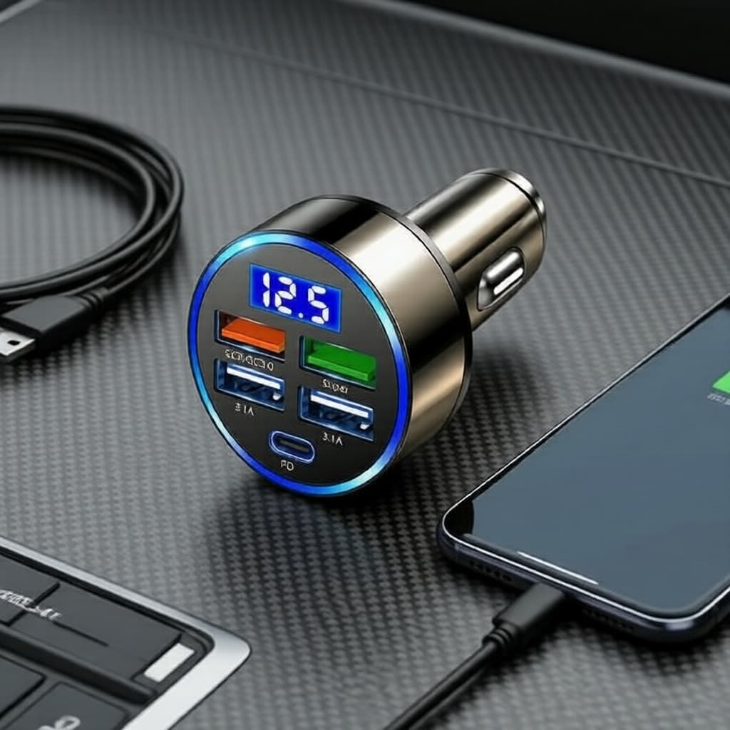 Carregador Veicular 6 Portas Adaptador QC3.0 Carregamento Rápido com Display, Luz Ambiente e Tomadas Auto