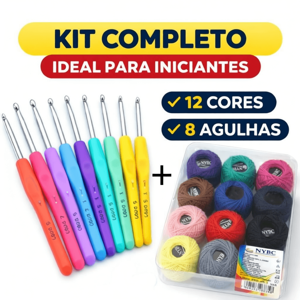 Kit Crochê Completo Linhas Coloridas 12 Cores + 8 Agulhas Ergonômicas Profissional Amigurumi Iniciante nybc
