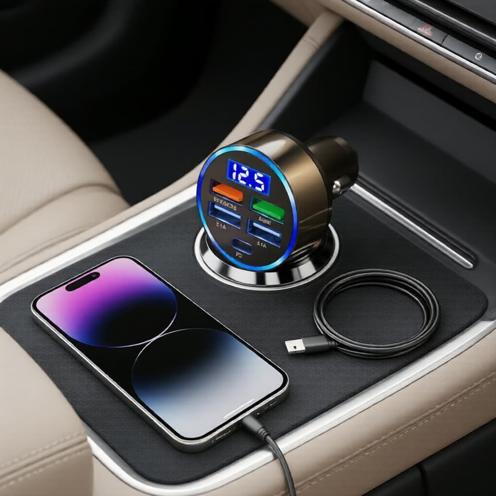 Carregador Veicular 5 Portas USB PD e QC 3.0 – Carregamento Rápido Simultâneo para Smartphones e Tablets