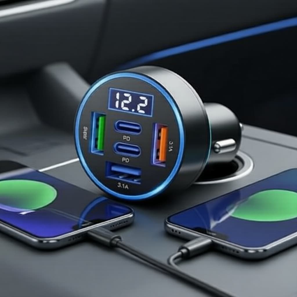 Adaptador Carregador Veicular 5 em 1 3 USB + 2 Tipo-C com Voltímetro para Recarga Rápida em Movimento