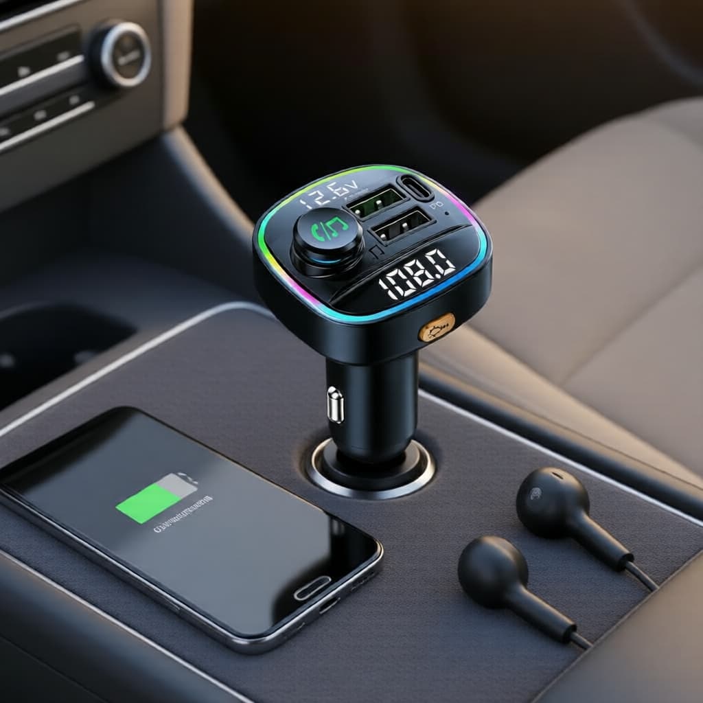 Carregador Veicular USB 3 Portas com Transmissor FM Bluetooth 5.0, Carregamento Rápido e Realce de Graves Profundos