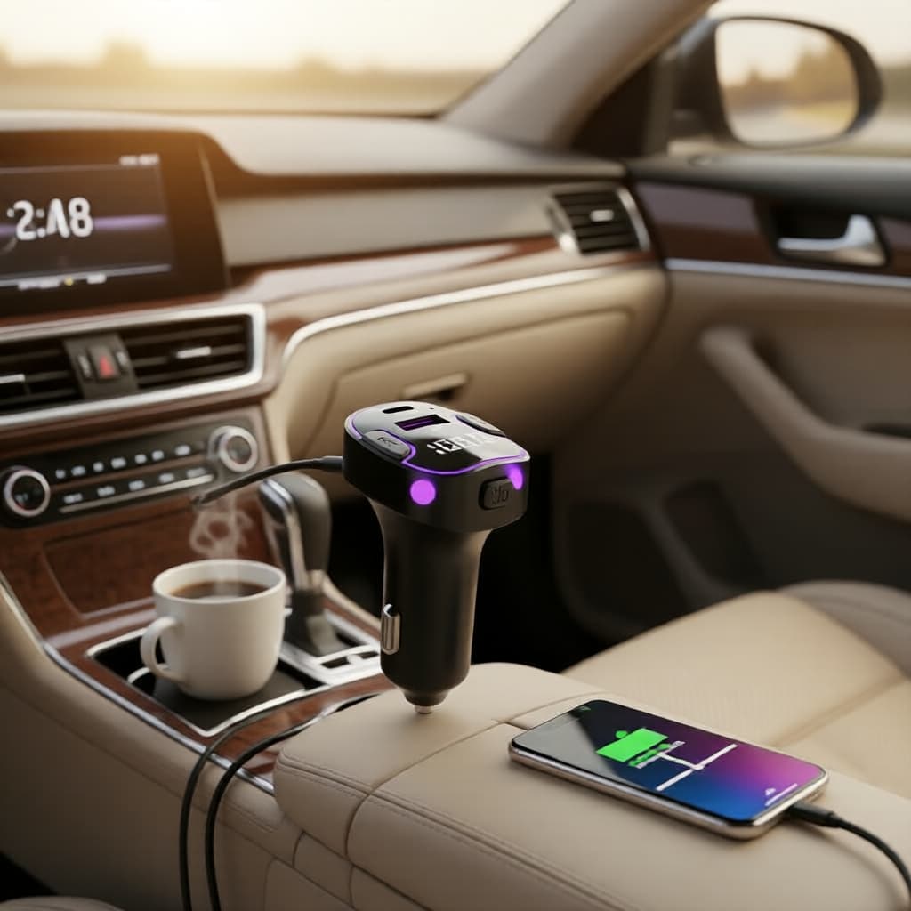 Adaptador Bluetooth 5.3 com rádio FM, carregador veicular USB-C, auxiliar para viva-voz e carregamento rápido com disco