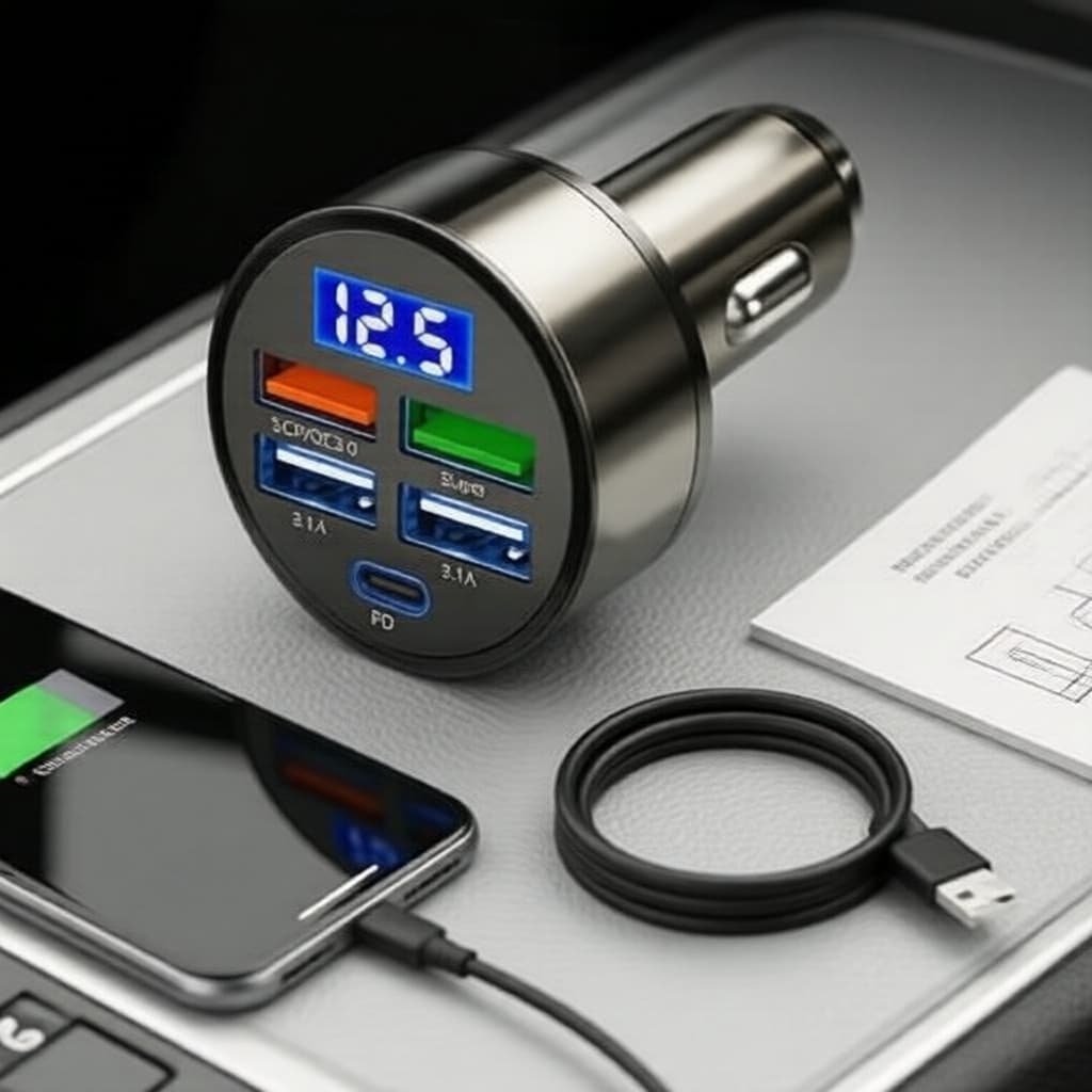 Carregador veicular 12-24V duplo PD super rápido para iPhone/OPPO/Samsung/Huawei com display de voltagem