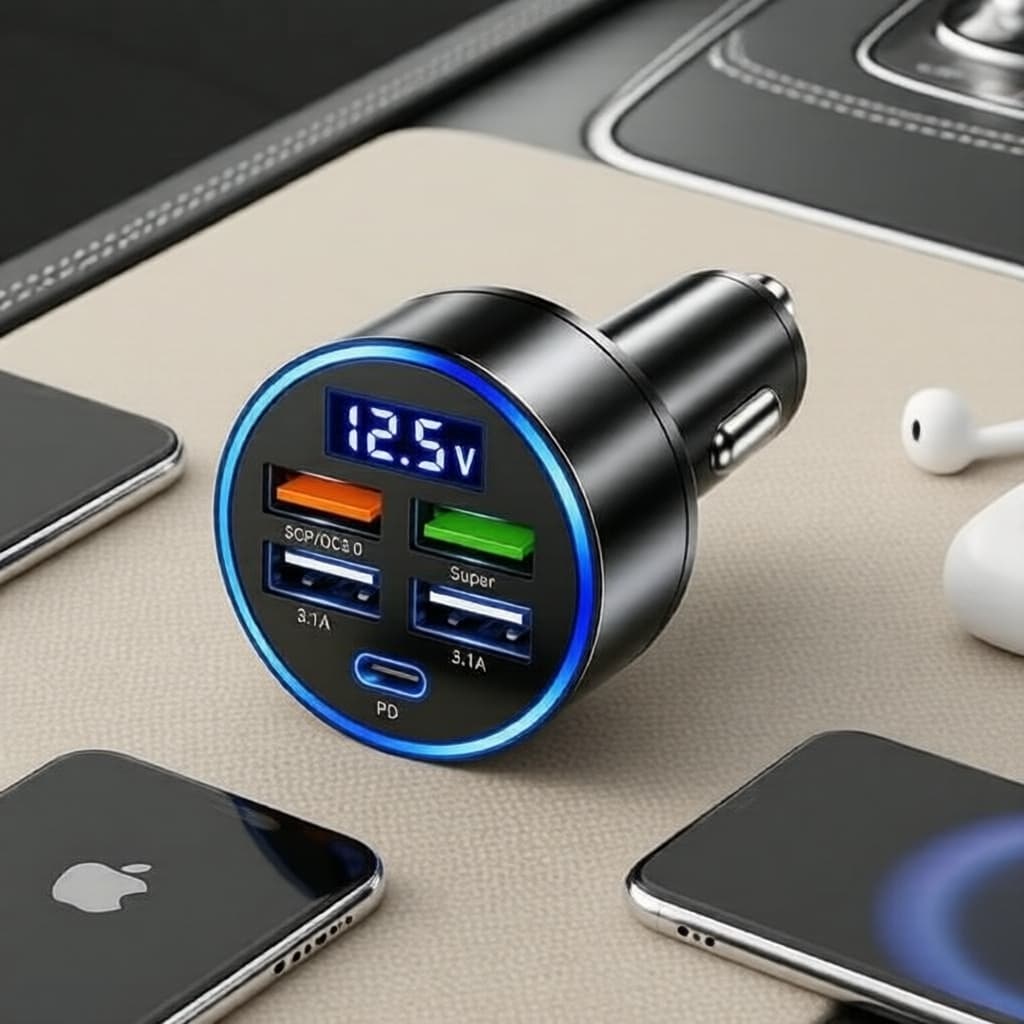 Carregador Veicular 4 Portas USB-C PD QC3.0, 3.1A Carregamento Rápido & Display Digital de Tensão, Adaptador