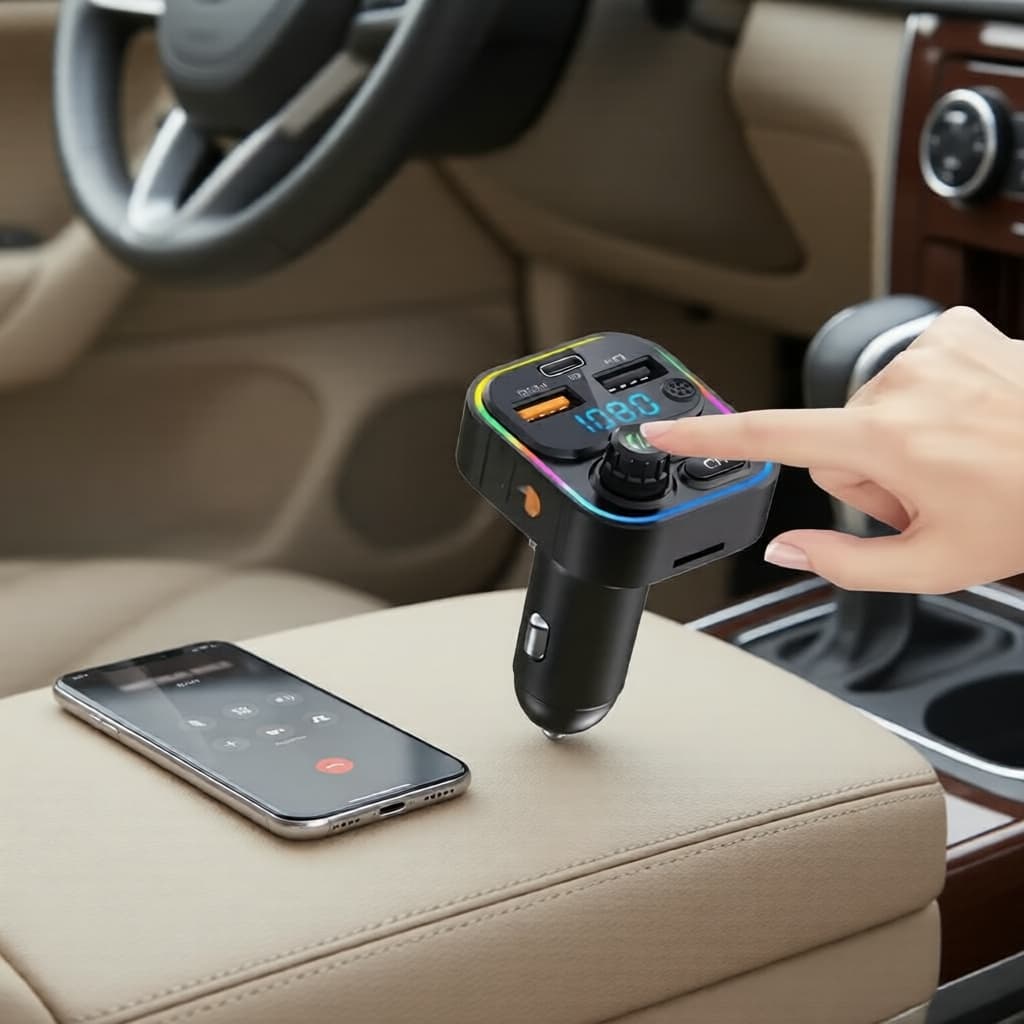 Carregador Veicular Bluetooth FM com Duplo USB de Carregamento Rápido e LED Ambiente 7 Cores