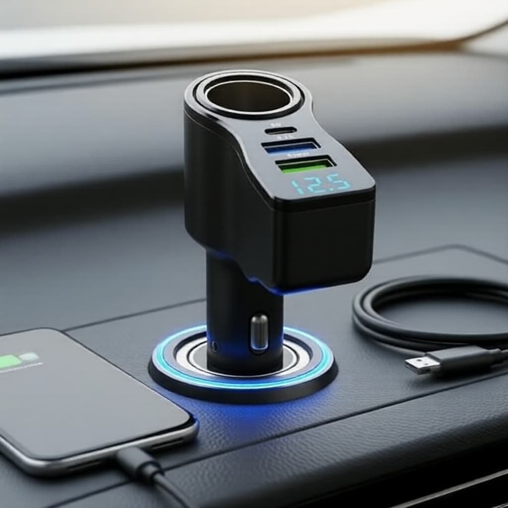 Carregador Veicular USB de Dupla Porta com Carregamento Rápido, Display Digital de Voltímetro e Divisor de Energia