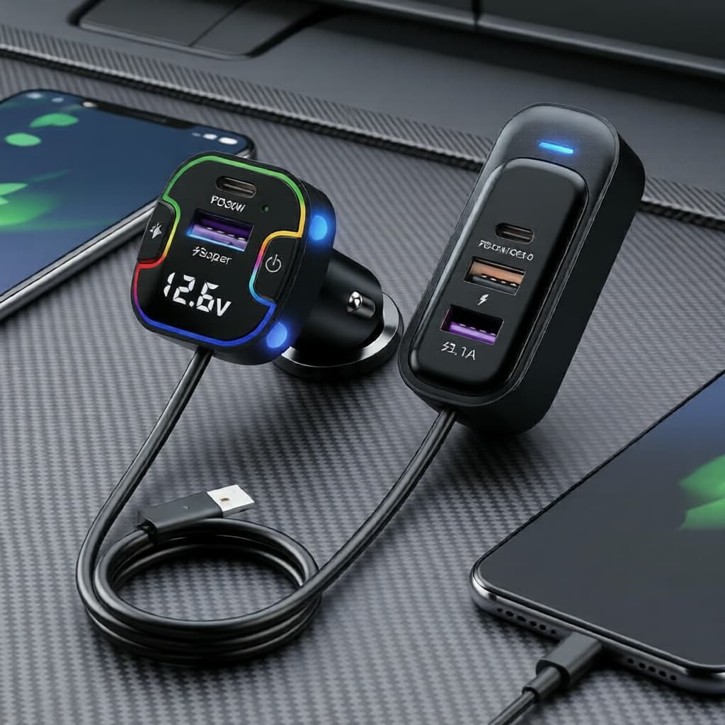 Carregador veicular USB de 6 portas 12-24V com 4 USB-A e 2 USB-C, saídas frontais e traseiras