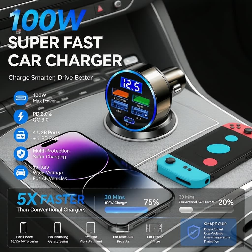 Carregador Veicular USB de 5 Portas com Carregamento Rápido PD e QC3.0 para Múltiplos Dispositivos