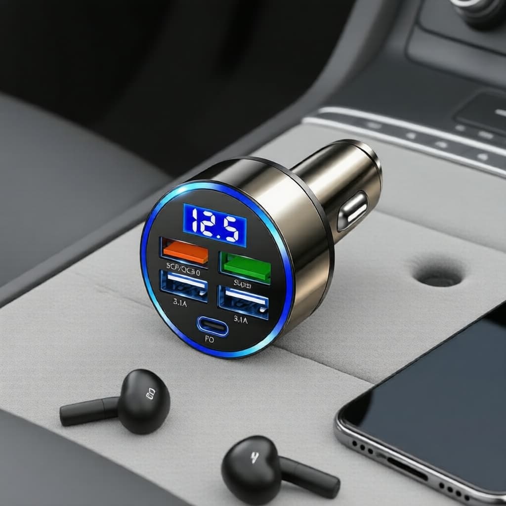 Carregador Veicular 6 Portas com Carregamento Rápido QC3.0/PD, Display Ambiente e Tomadas Automáticas