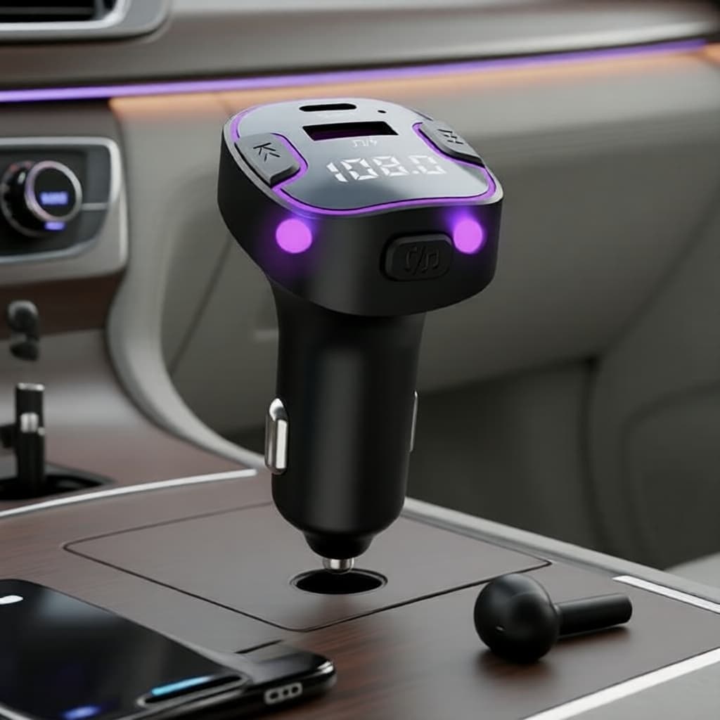 Carregador Veicular USB-C Bluetooth 5.3, Transmissor FM, Aux Handsfree, Carregamento Rápido Sem Fio com Disco U