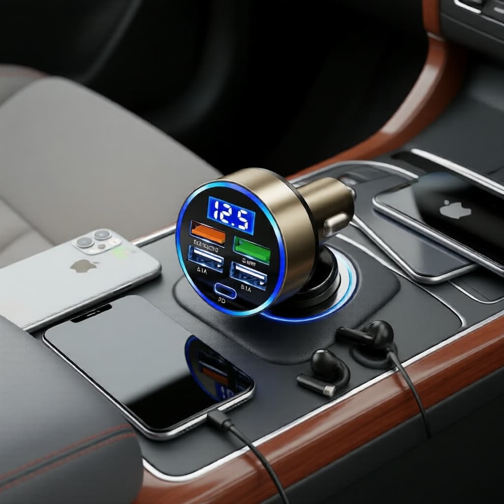 Carregador veicular USB 12V QC3.0 PD carregamento rápido com display digital de tensão para eletrônicos em veículos