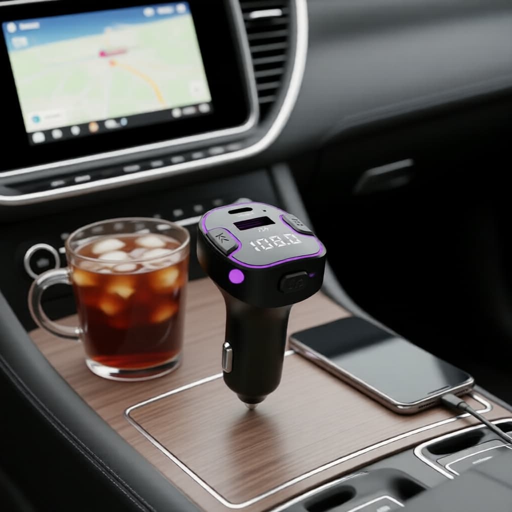 Carregador Veicular Bluetooth 5.3, Transmissor FM USB-C, Viva-Voz AUX, Carregamento Sem Fio Rápido para U Disco