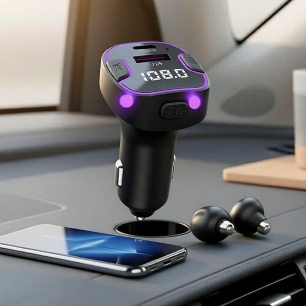 Carregador Veicular USB-C: Bluetooth 5.3, Transmissor FM e Aux, Chamadas Mãos Livres, Reprodução de Música via Pen Drive
