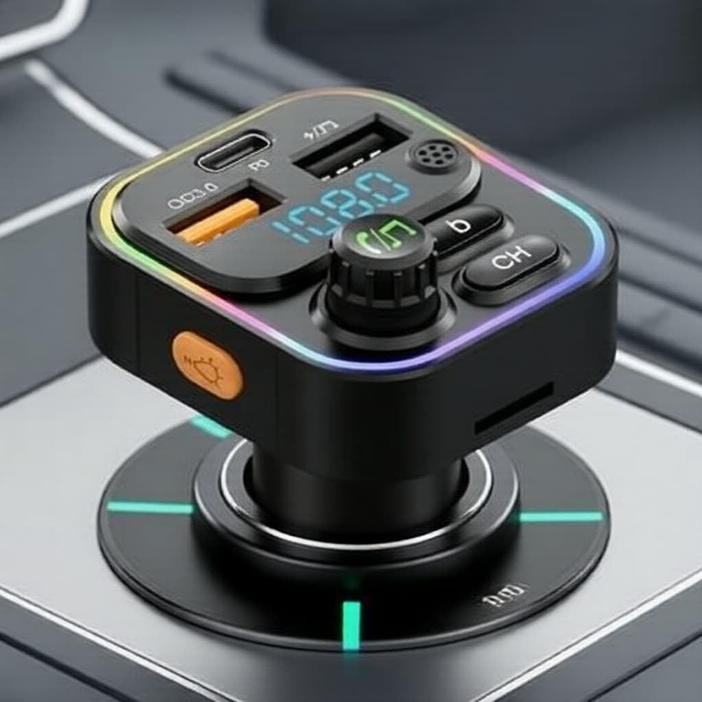 Transmissor FM Bluetooth 5.0 Carregador Veicular QC3.0 & PD 18W Dual USB Tipo-C Luz Ambiente Viva-Voz MP3 Player