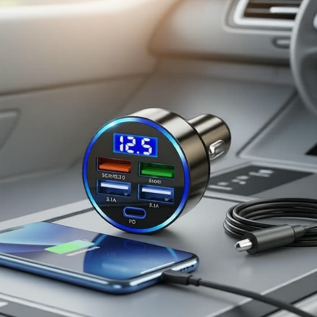 Carregador veicular 12-24V com 2 portas PD e display de tensão LED, compatível com iPhone e Huawei