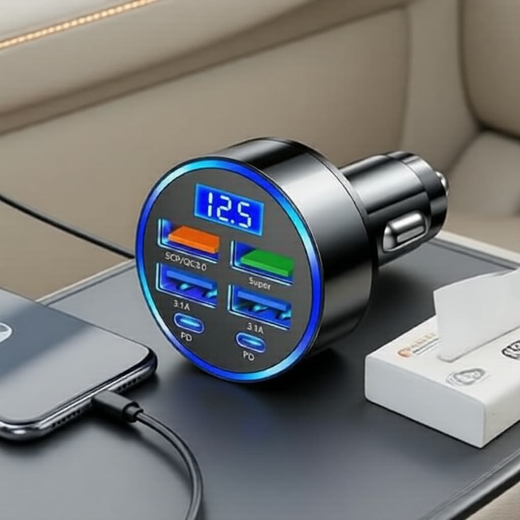 Carregador Veicular USB com Display Digital, PD QC3.0, Divisor Multi-Portas para Carregamento Rápido