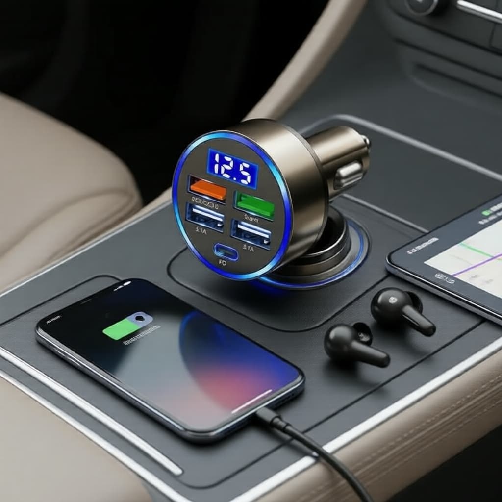 Carregador Veicular USB de Carregamento Rápido QC3.0 PD com Display Digital de Tensão em Tempo Real