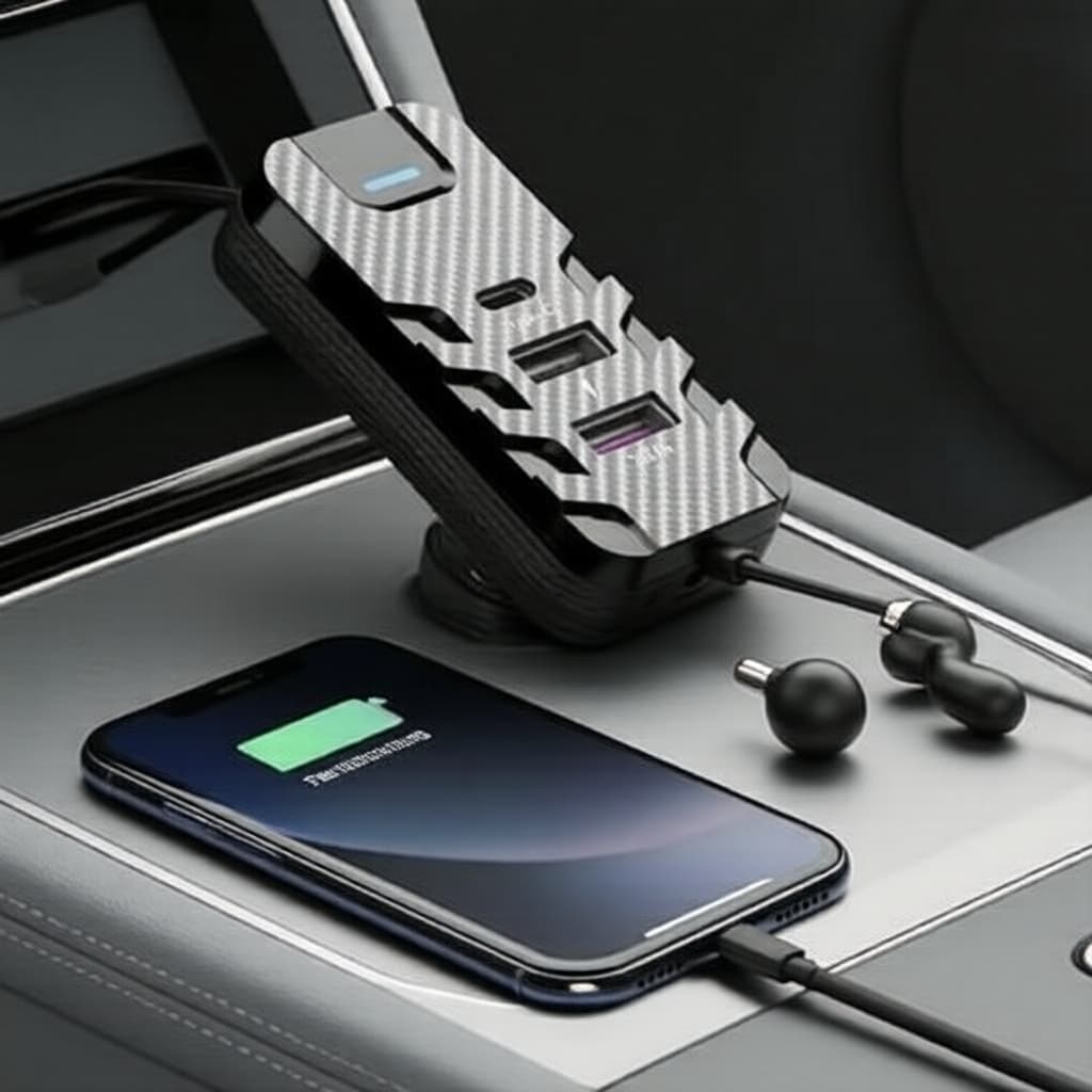 Carregador veicular universal com 4 portas USB-A e 2 USB-C, carregamento rápido 12-24V e alimentação simultânea para