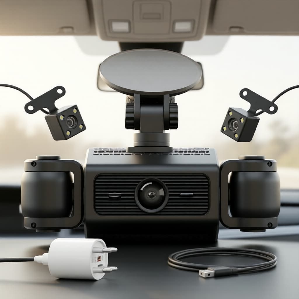 Dashcam 360° 4 canais, Monitor de Estacionamento 24h, Visão Noturna, Gravador de Carro 4K Frontal e Traseira
