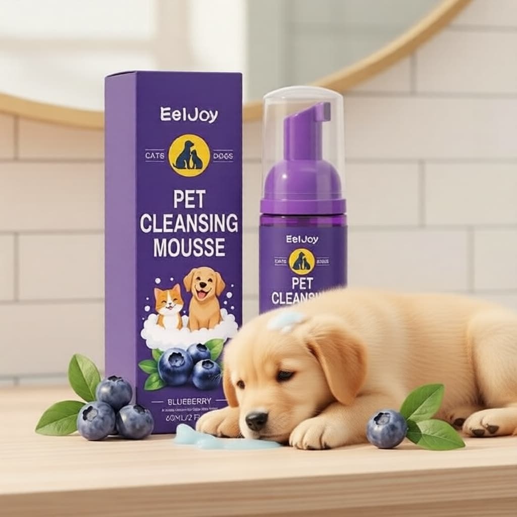 Shampoo de espuma suave para pets com aroma fresco de mirtilo 60 ml, sem enxágue, adequado para cães e gatos.