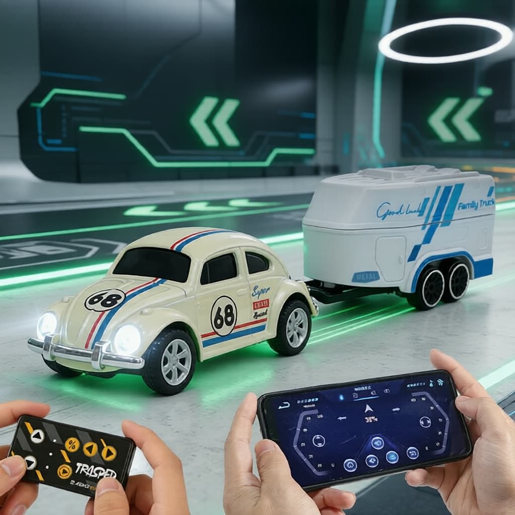 Mini 1:64 Carrinho de Corrida de Controle Remoto Die-Cast com Trailer, Controle Duplo, 3 Velocidades, Roda Suavemente em