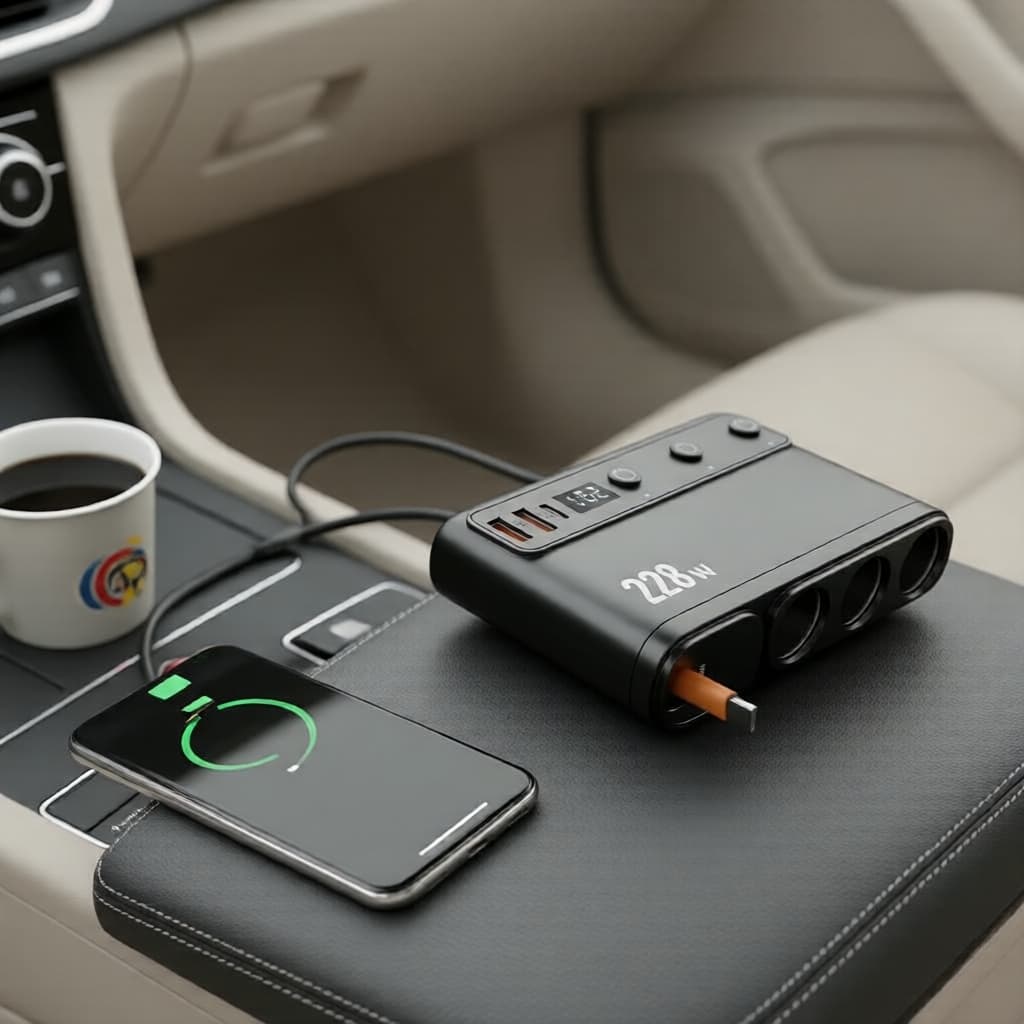 Adaptador Carregador Veicular 228W 9 em 1 com Múltiplas Portas de Carregamento Rápido e Acendedor de Cigarro
