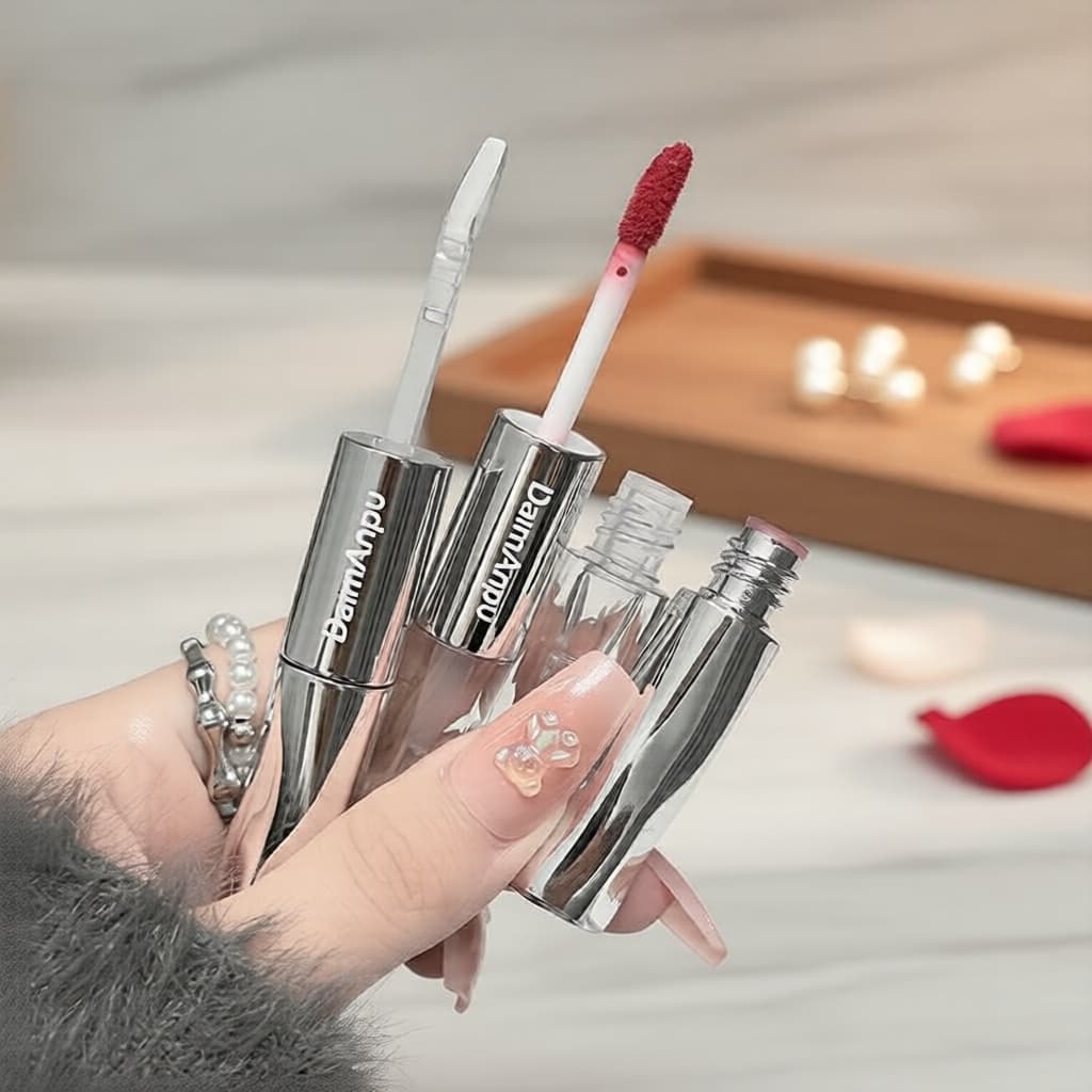 Conjunto de Batom Líquido Matte e Gloss de Longa Duração: Batom Líquido Matte + Top Coat Dupla Ponta 2 em 1