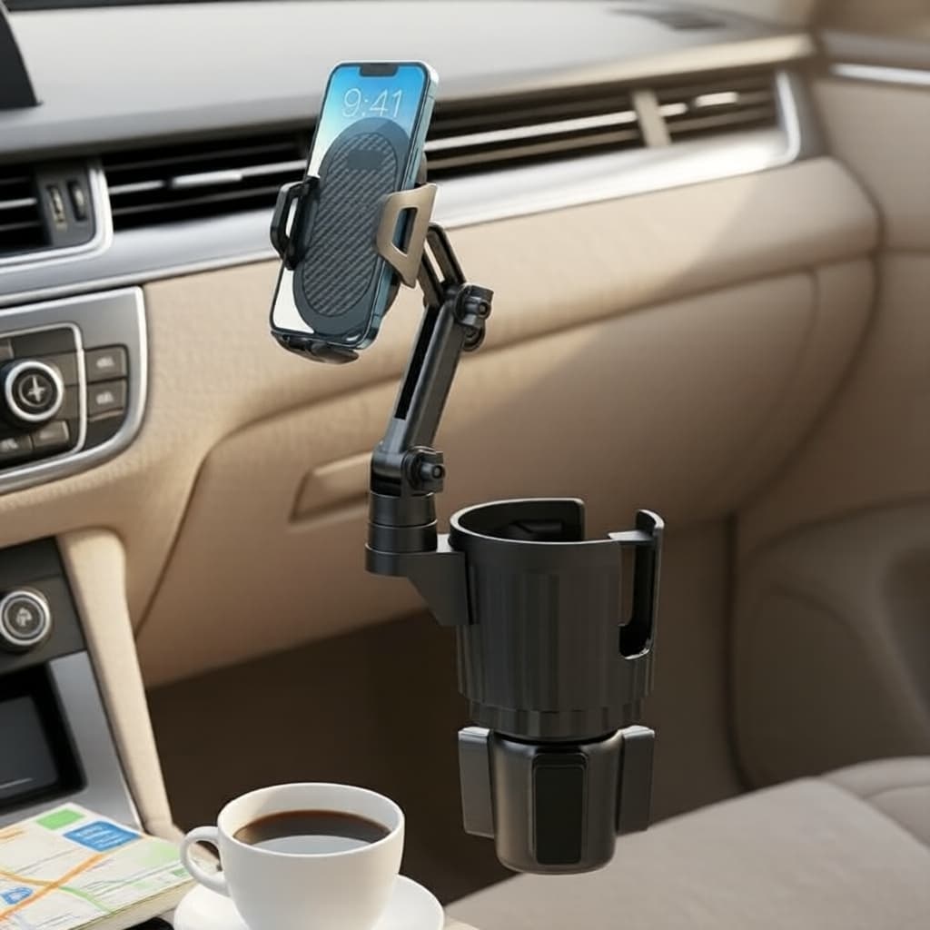 Suporte de celular para copo de carro ajustável 360° com base de dupla função – compatível com todos os smartphones