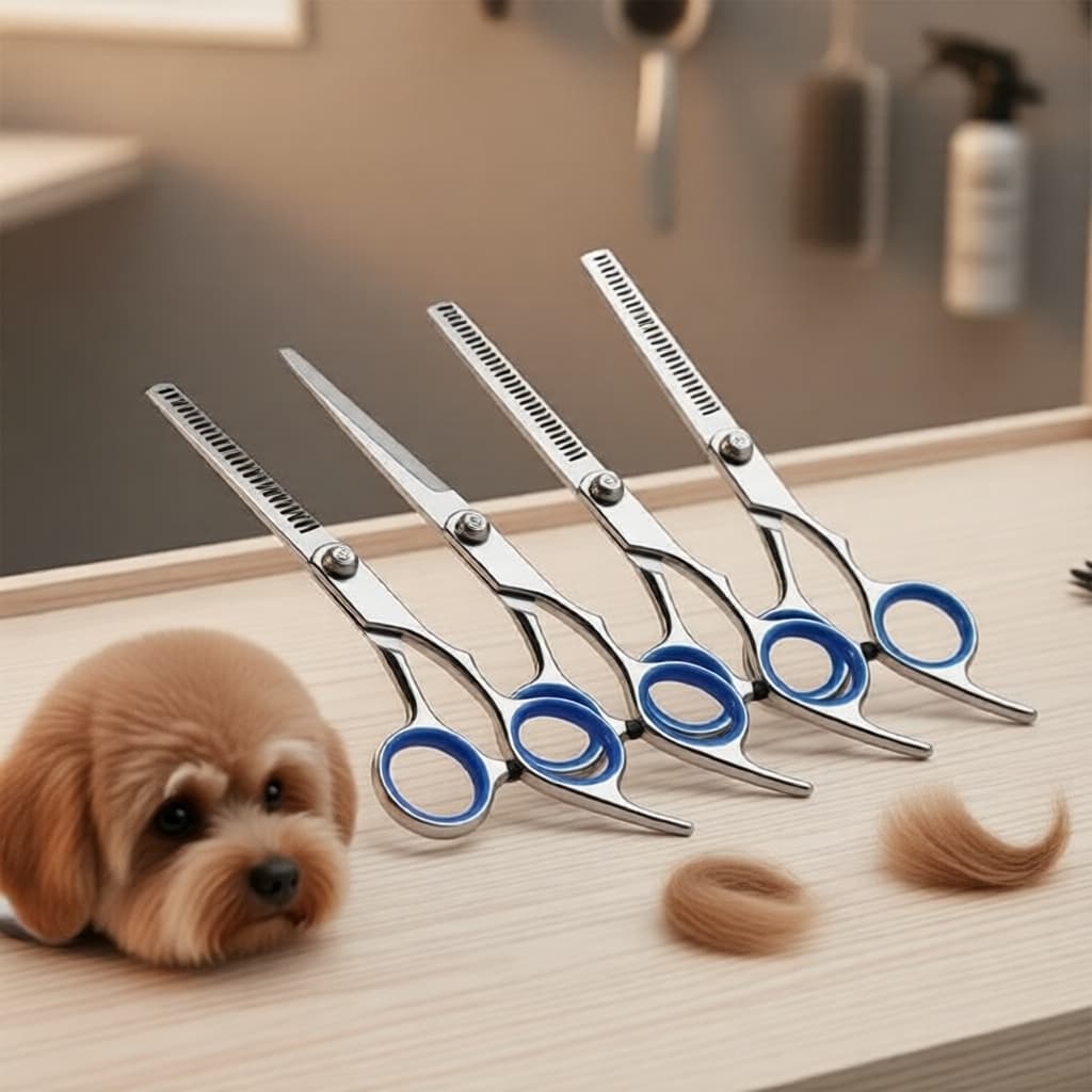 Tesoura Curva para Tosa Pet de Aço Inox para Cães e Gatos com Shampoo para Cachorro e Escova para Pelos de Gato