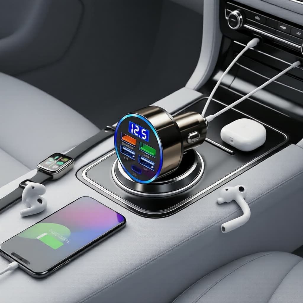 Carregador Veicular USB 5 Portas com 5 Entradas – Alimentação Rápida PD & QC3.0 para Viagens de Carro