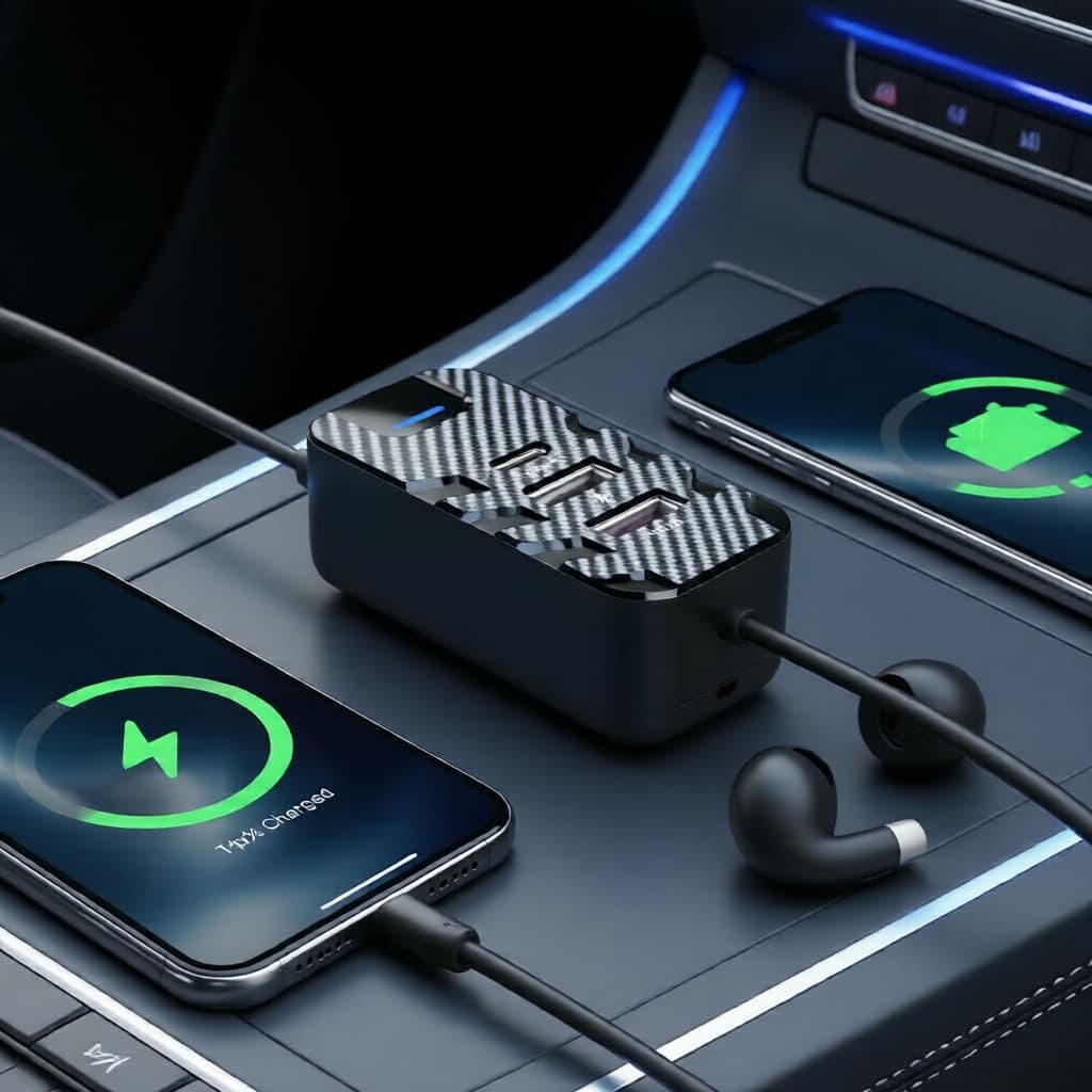 Carregador Veicular Rápido USB-C PD com 5 Portas, Adaptador de Energia 12V/24V para Painel Dianteiro/Traseiro para