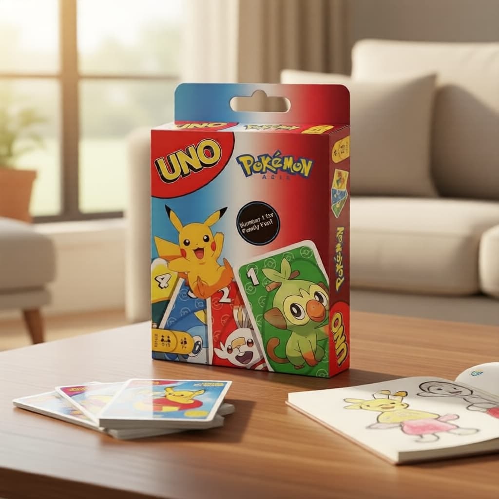 Jogo de Tabuleiro Temático Pokémon Flip com Figura Pikachu: Jogo de Cartas Uno para Diversão em Família; Caixa de