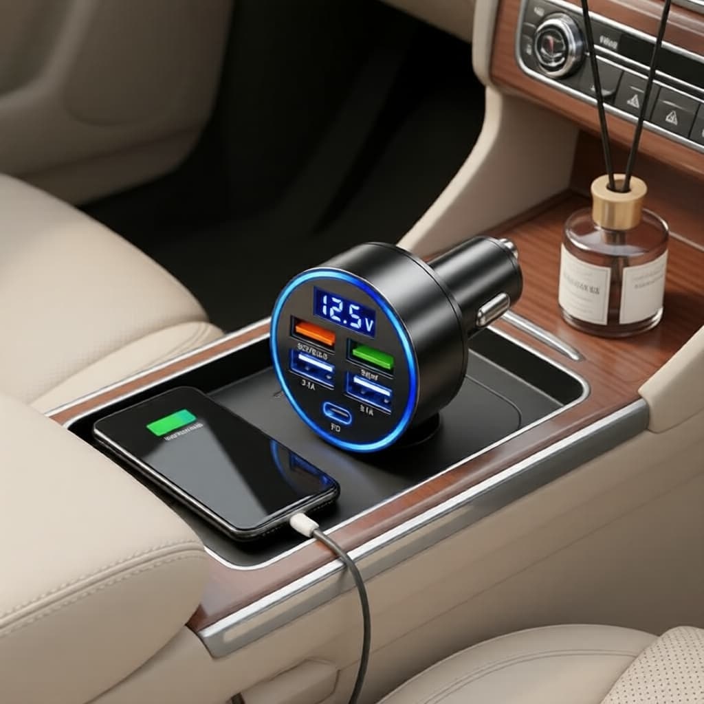 Carregador Veicular 4 Portas com USB-C PD QC3.0 e Voltímetro Digital, 3,1A para Smartphones