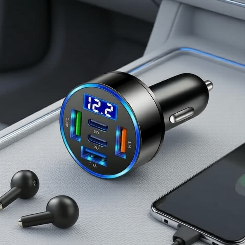 Carregador Veicular USB-C 5 Portas 100W, 3 Portas USB e 2 Portas PD, Compatível com iPhone, Huawei, Samsung, Xiaomi