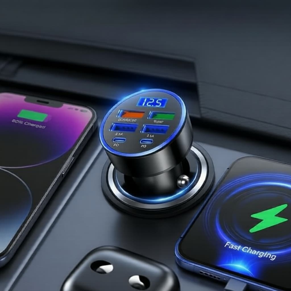 Carregador Veicular 5 Portas com Display Digital de Tensão, USB-C Power Delivery e QC 3.0 para iPhone e Samsung