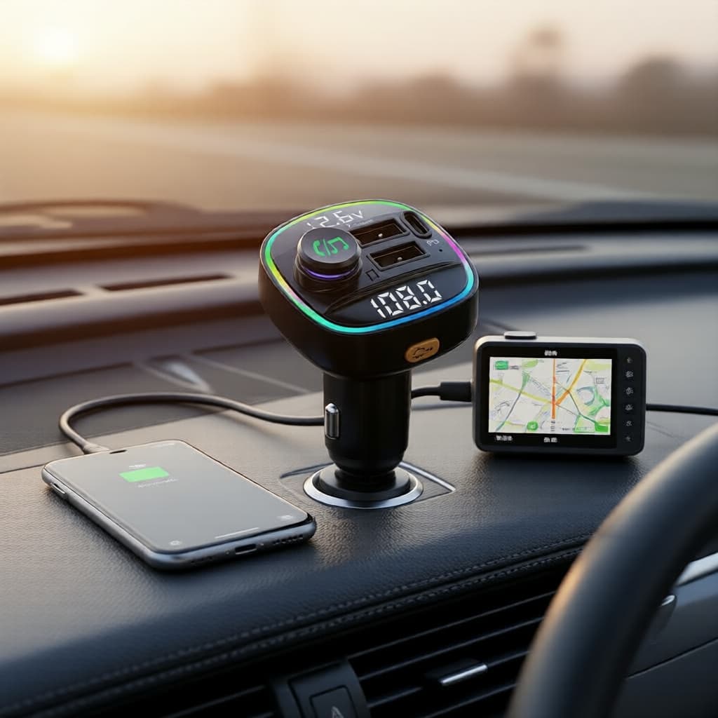 Adaptador de carregador veicular com 3 portas USB, transmissor FM Bluetooth 5.0, carregamento rápido + reforço de graves