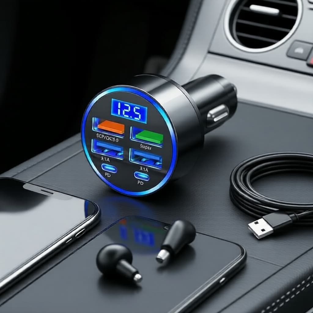 Carregador Veicular 6 em 1 2026: 6 portas PD+QC3.0, carregamento rápido, display digital
