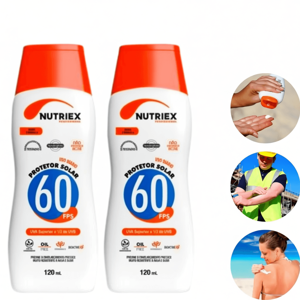 Kit 2 Protetor Solar Fps 60 120ml Nutriex UVA UVB Bloqueador Solar Fator 60 Proteção Raios Solares Ultravioleta Sol